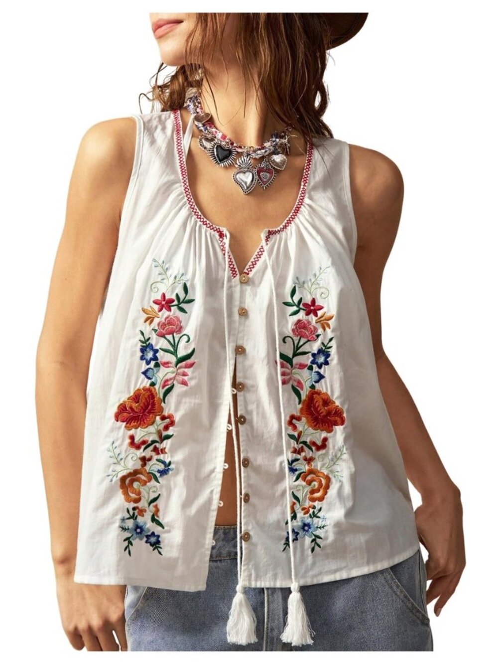Women's Floral Embroidered Tops Gingham Scoop Neck Boho Tank Top